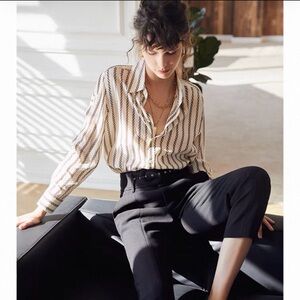 Beige and Black Patterned Button-Down Shirt
